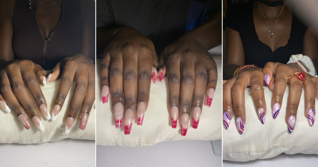 Photo collage of three sets of manicures.