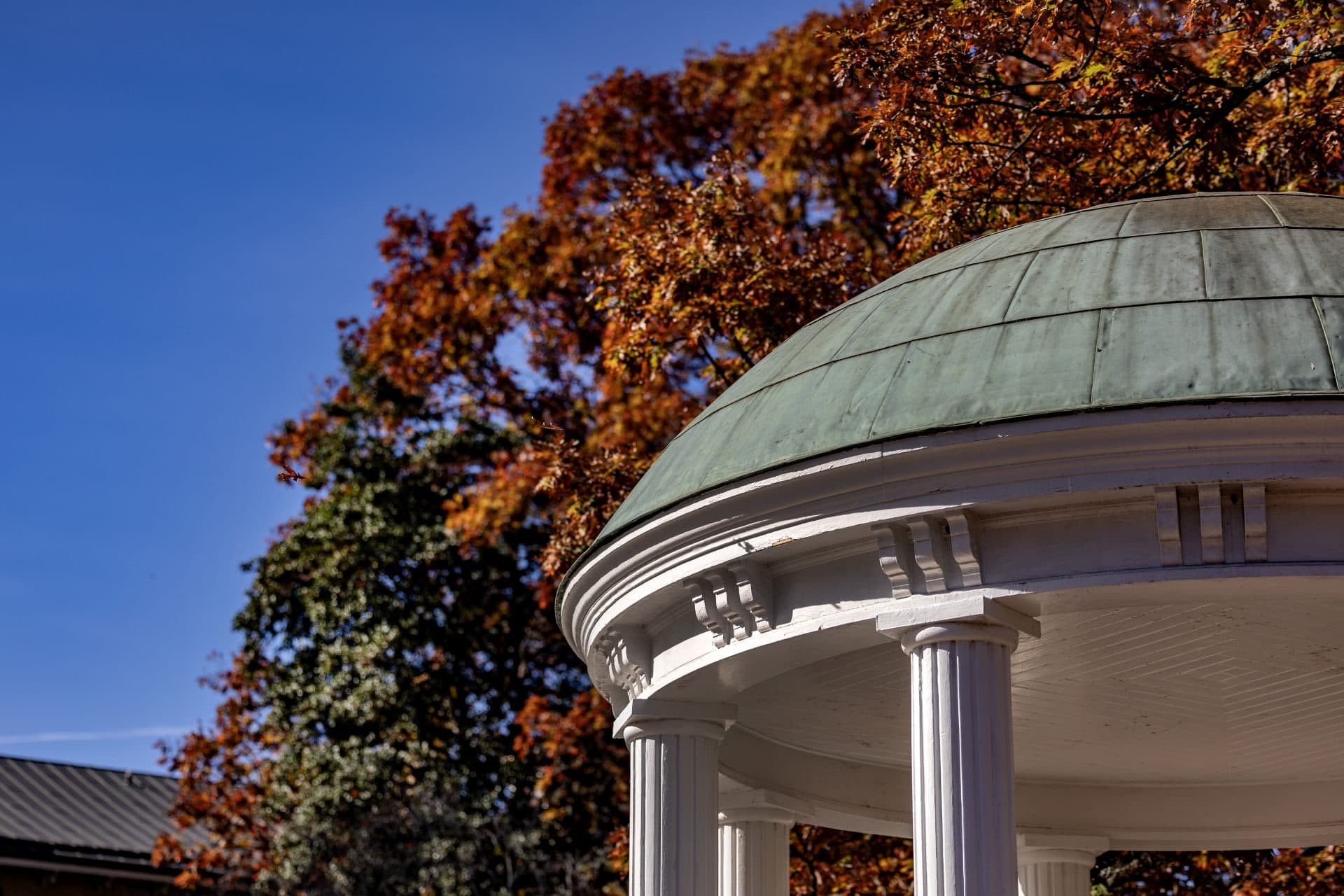 The top of the Old Well, a small cyclostyle on UNC–Chapel Hill’s campus, is in view with a blue sky in the background, as well as autumn leaves.