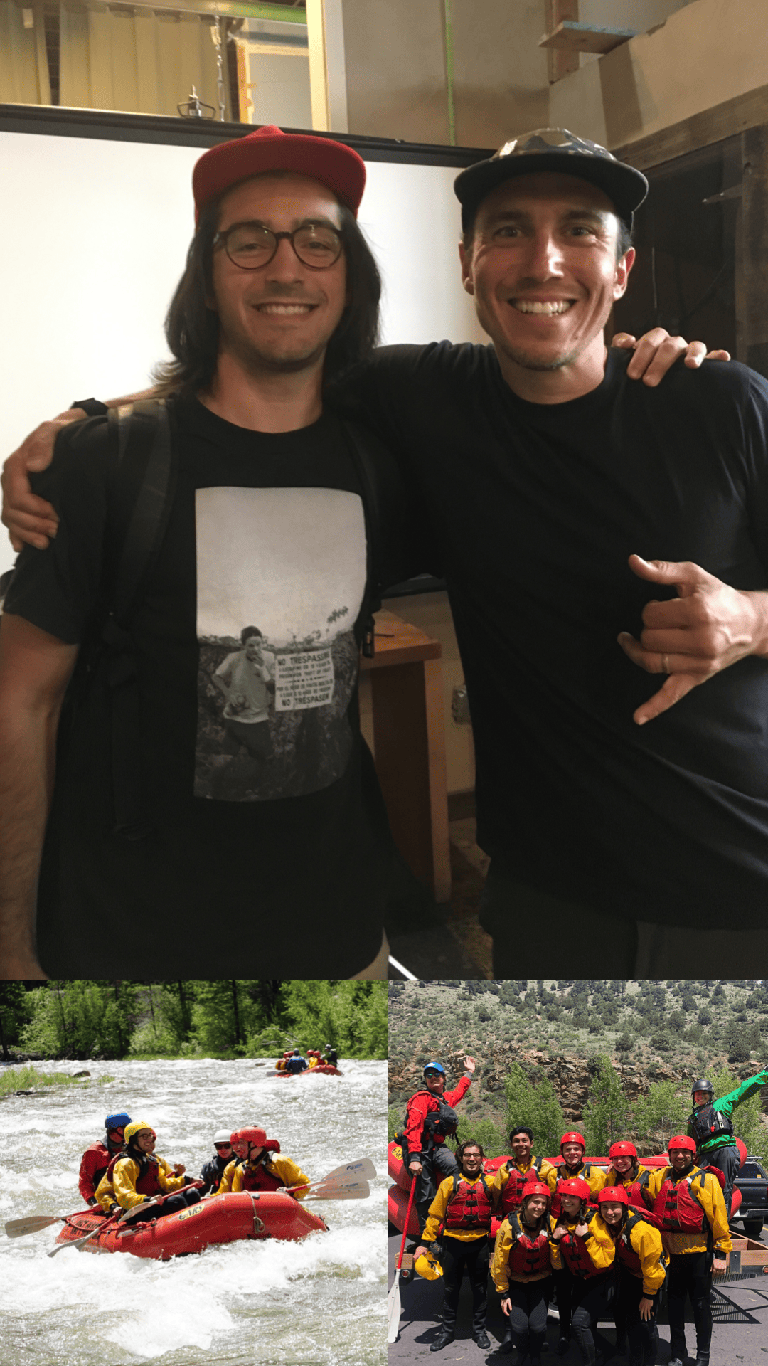 Rodrigo with a friend; people rafting.