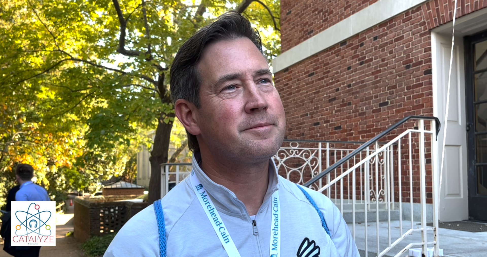 Bobby Evans in front of the Morehead-Cain Foundation office
