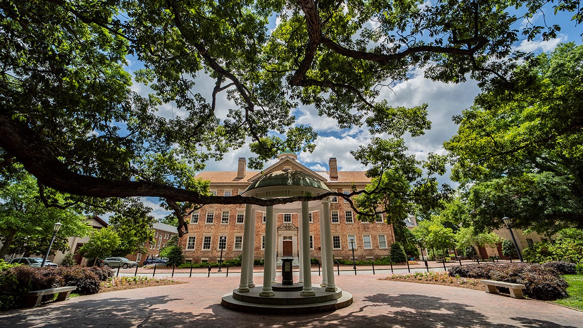 The Old Well surrounded by trees on a sunny summer day. 