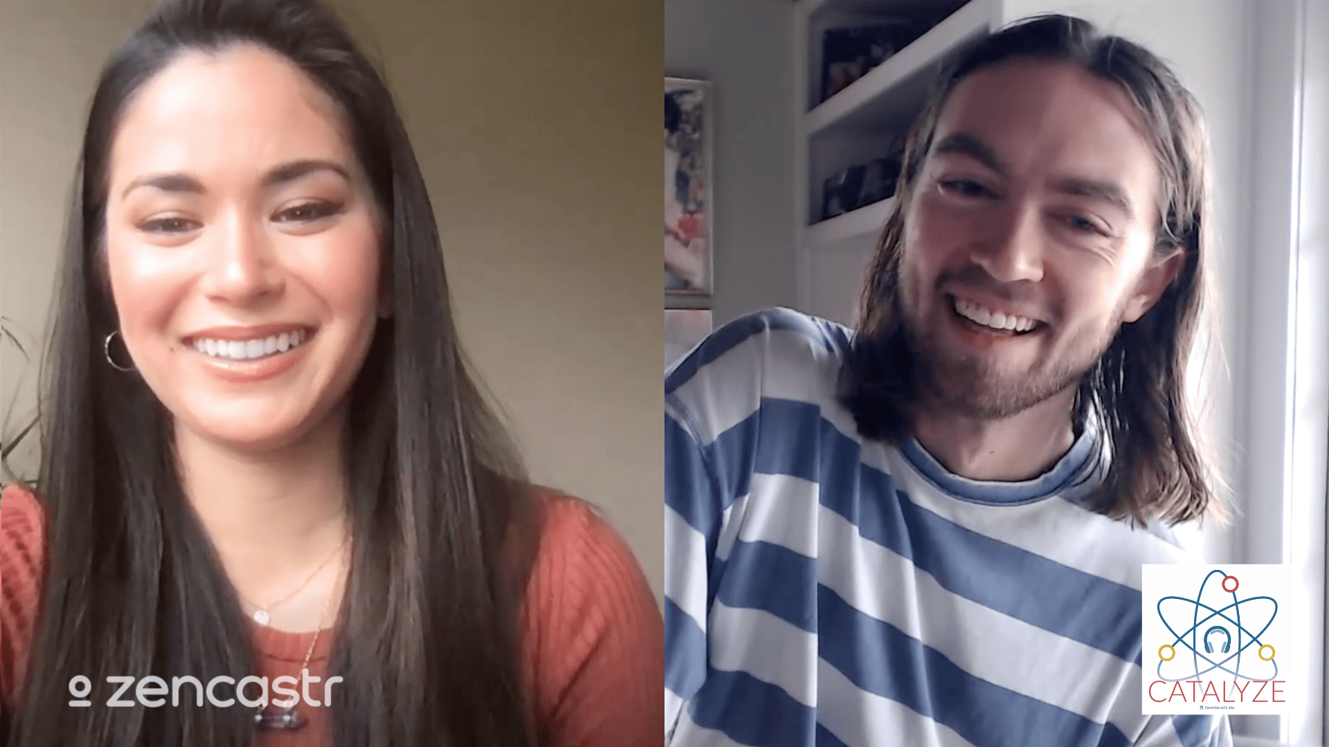 Side-by-side screenshot of Sarah and Nicholas smiling during their video interview.