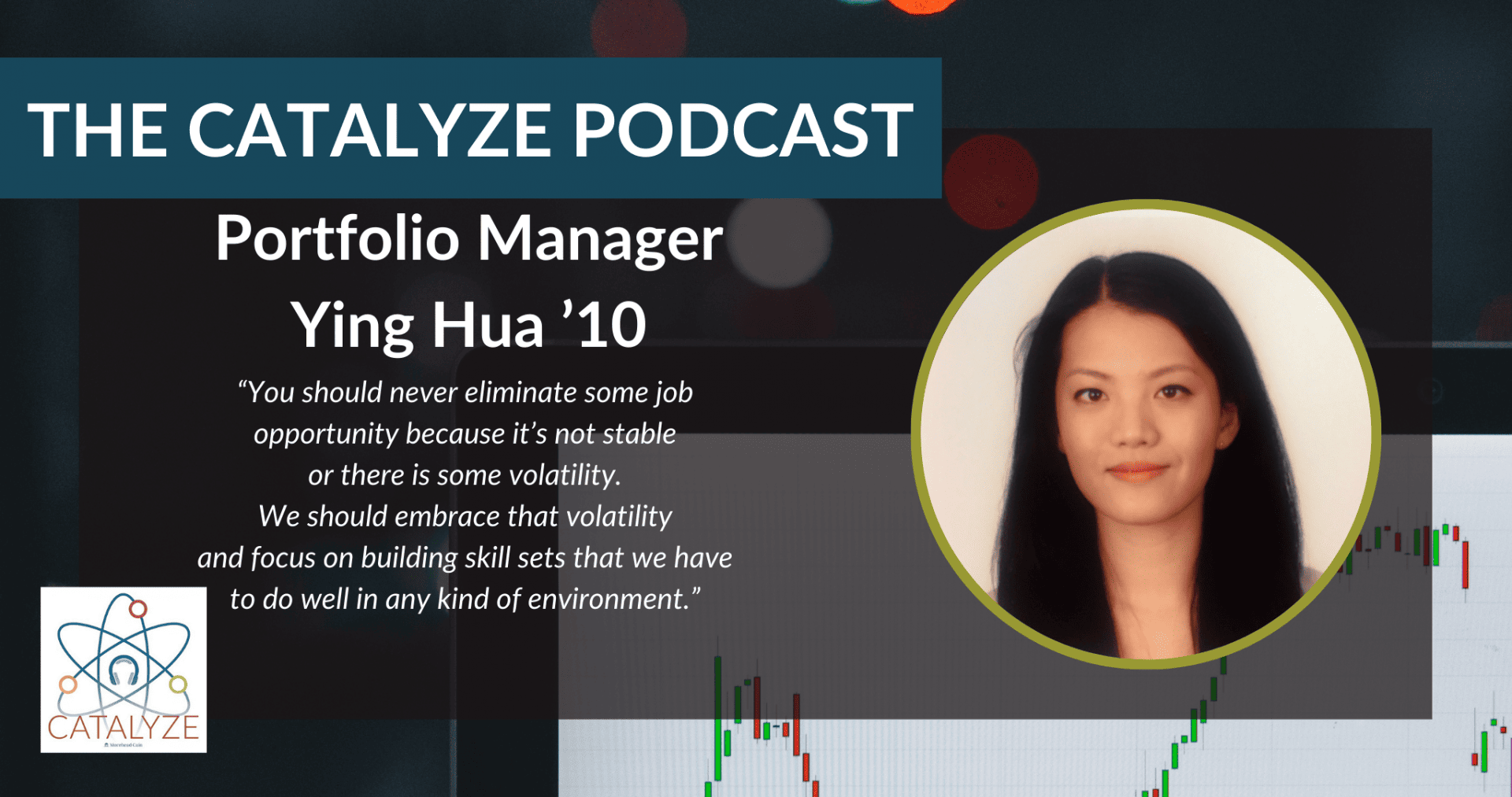Graphic with text: “The Catalyze podcast: Portfolio Manager Ying Hua ’10: ‘You should never eliminate some job opportunity because it’s not stable or there is some volatility. We should embrace that volatility and focus on building skill sets that we have to do well in any kind of environment.’” The text is transposed over a computer screen with stocks. A circular headshot of Ying Hua ’10 is on the right of the graphic.