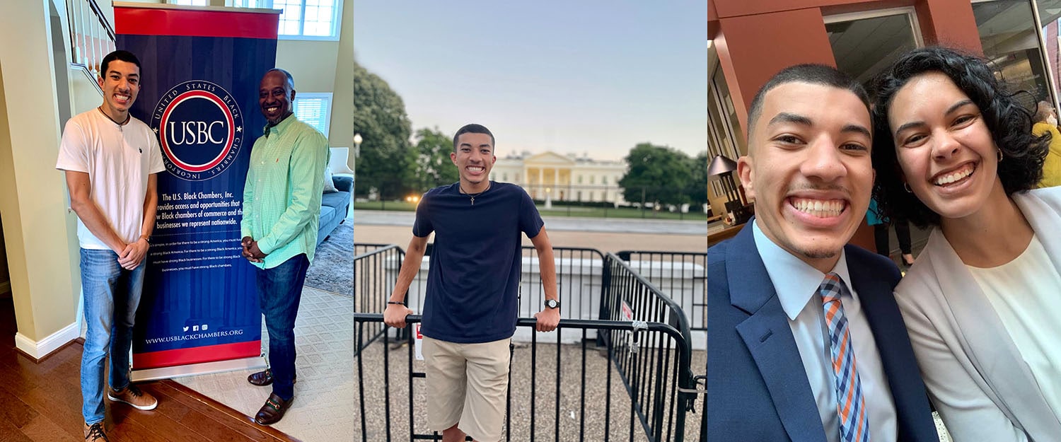 In three separate images, Greear poses with Ron Busby in front of a USBC banner; stands in front of the White House; and takes a selfie with Ashton Martin ’20.