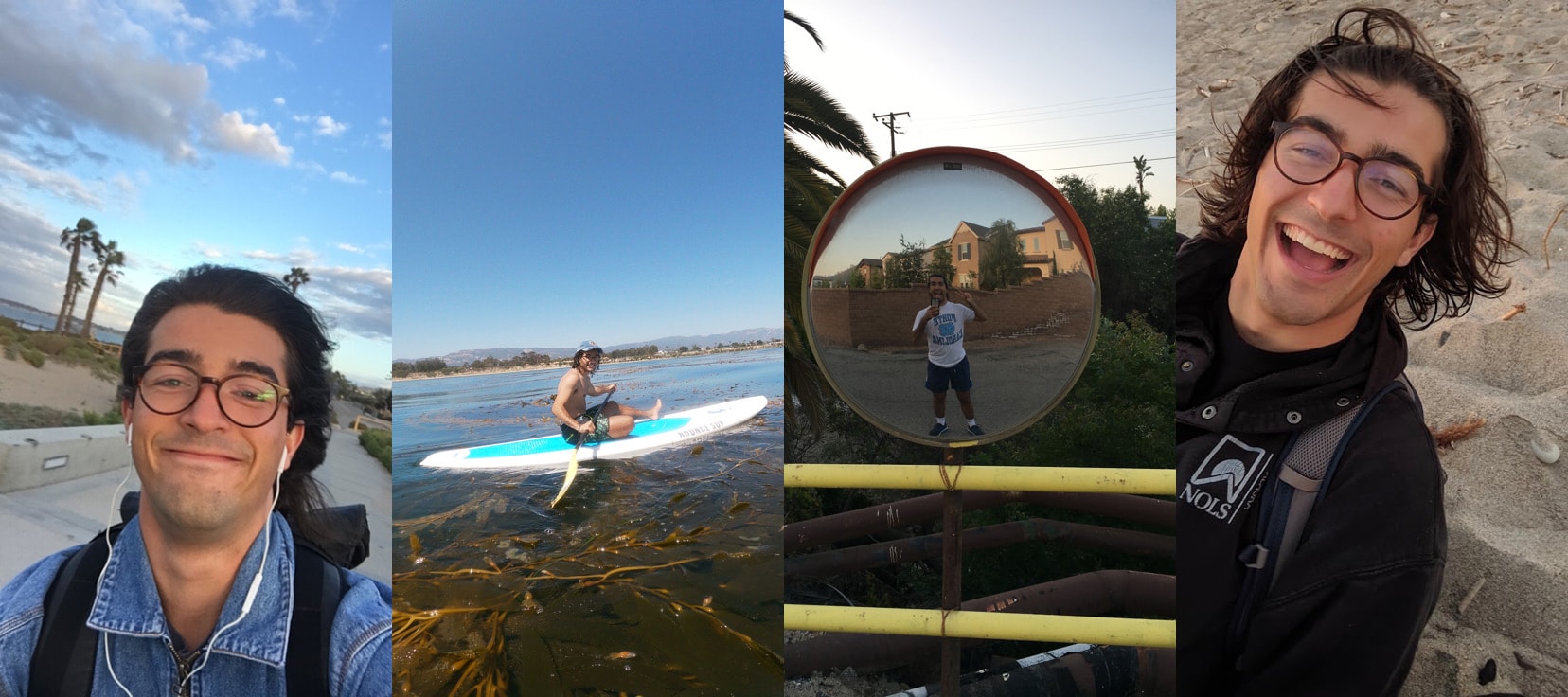 Four photos of Rodrigo biking, rowing, hiking, and walking around Ventura.