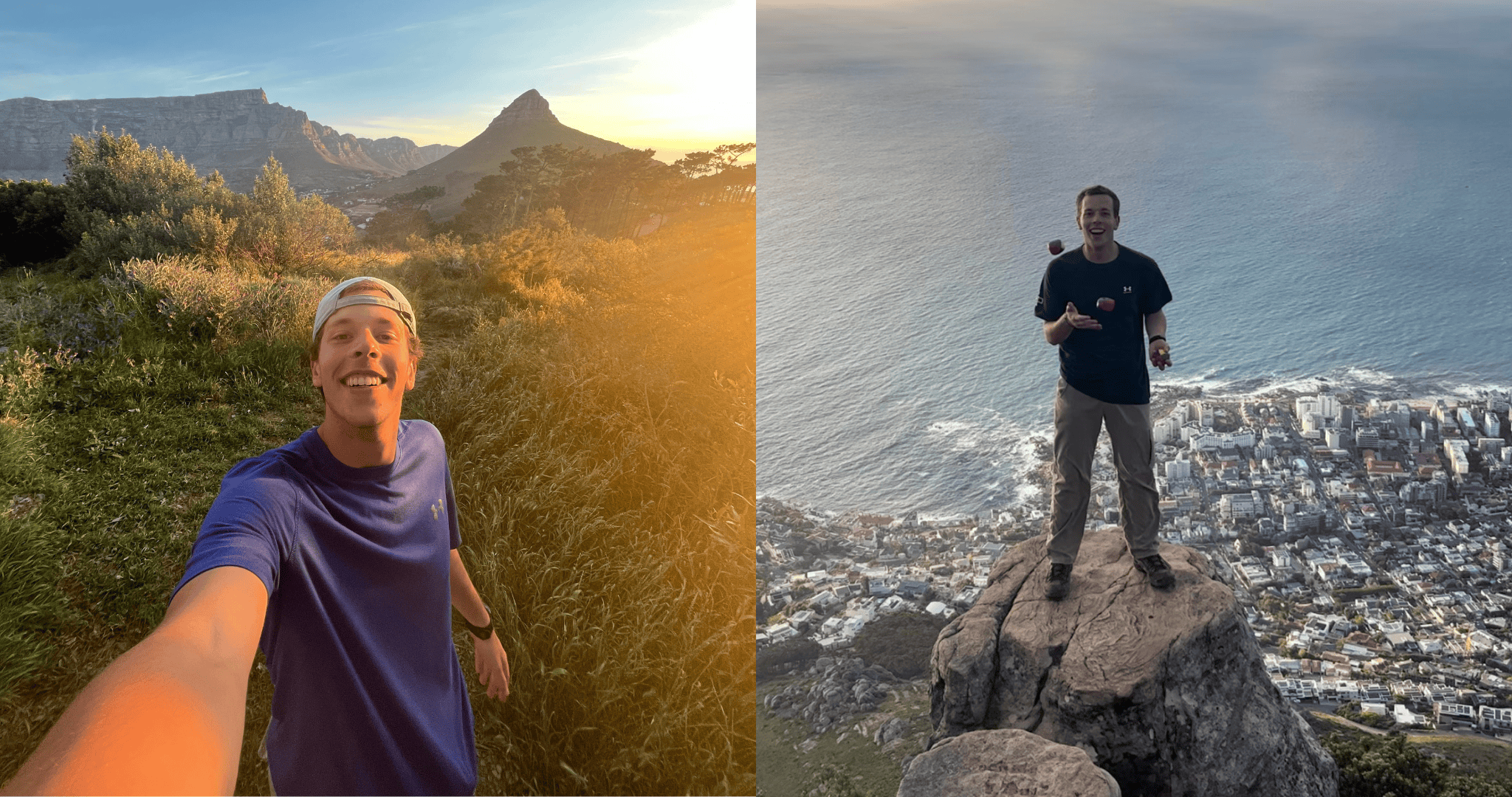 here are two photos. In the one on the left, Charles Konkolics ’26 takes a selfie wearing a blue athletic t-shirt. There are mountains and natural brush behind him. In the one on the right, Charles is juggling on a rock overlooking the coast. There are buildings and the ocean in the background.