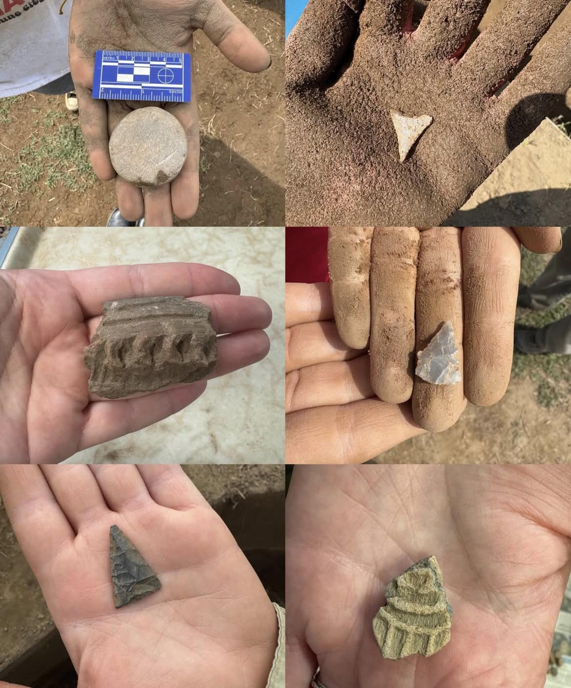 Six close-ups of open palms holding small artifacts: a smooth round stone beside a scale bar, triangular stone points, and pottery fragments with carved patterns.